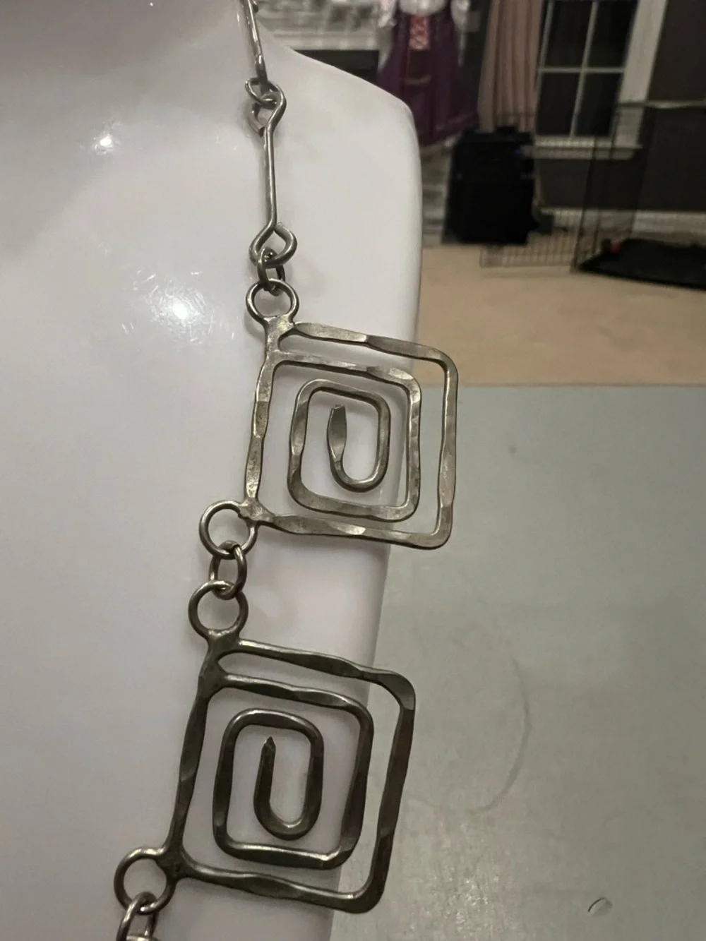 Boho Chunky Bib Necklace – Antique Silver Rectangle Spiral Design